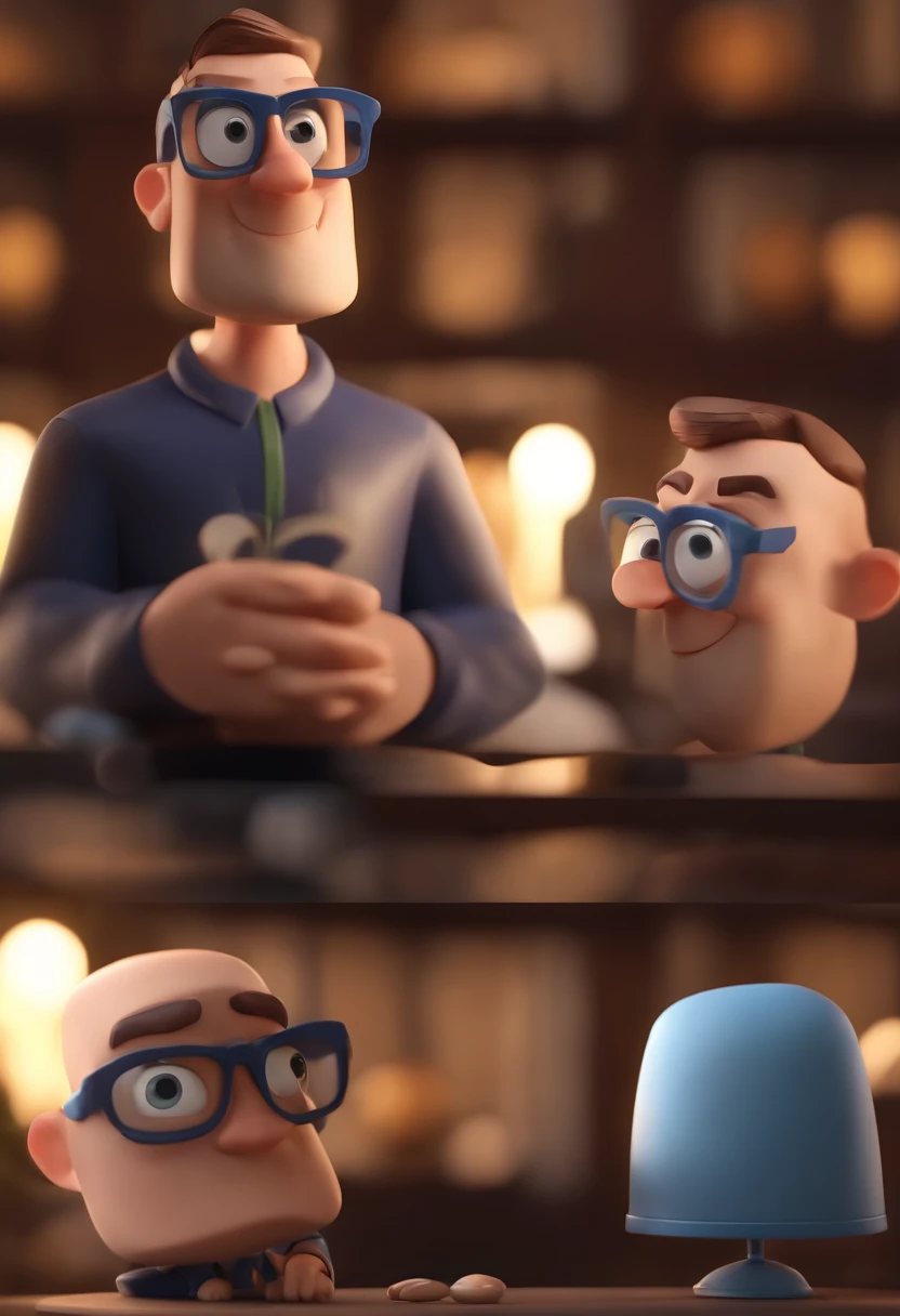 Cartoon character of a man wearing black glasses and a blue shirt, um personagem animado, Caractere estilizado, animation style rendering, 3D estilizado, Arnold Maya render, 3 d render stylized, toon render keyshot, Personagem 3D, Personagem 3D, 3d rendering stylized, 3 d character render, personagem de desenho animado, Personagem de close up, Pose de personagem, (Estilo Pixar) (master part:1.2) (Bokeh) (best quality) (pele detalhada) (textura detalhada) (8k) (argila) (Cinematic lighting) (foco nítido，Senta e vaza a parte superior do corpo