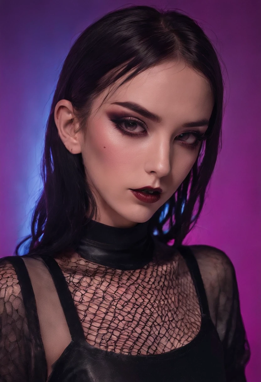 Punk woman wearing a black fishnet top posing for a photo in a club at night, night club lights, black make-up, techno aesthetic, techno fashion, neon lights, ultra detailed, masterpiece.