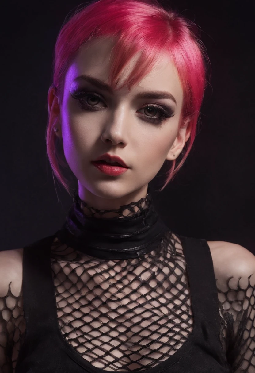 Punk woman wearing a black fishnet top posing for a photo in a club at night, night club lights, black make-up, techno aesthetic, techno fashion, neon lights, ultra detailed, masterpiece.