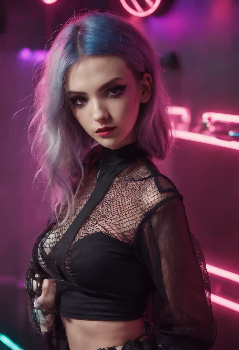 Punk woman wearing a black fishnet top posing for a photo in a club at night, night club lights, black make-up, techno aesthetic, techno fashion, neon lights, ultra detailed, masterpiece.