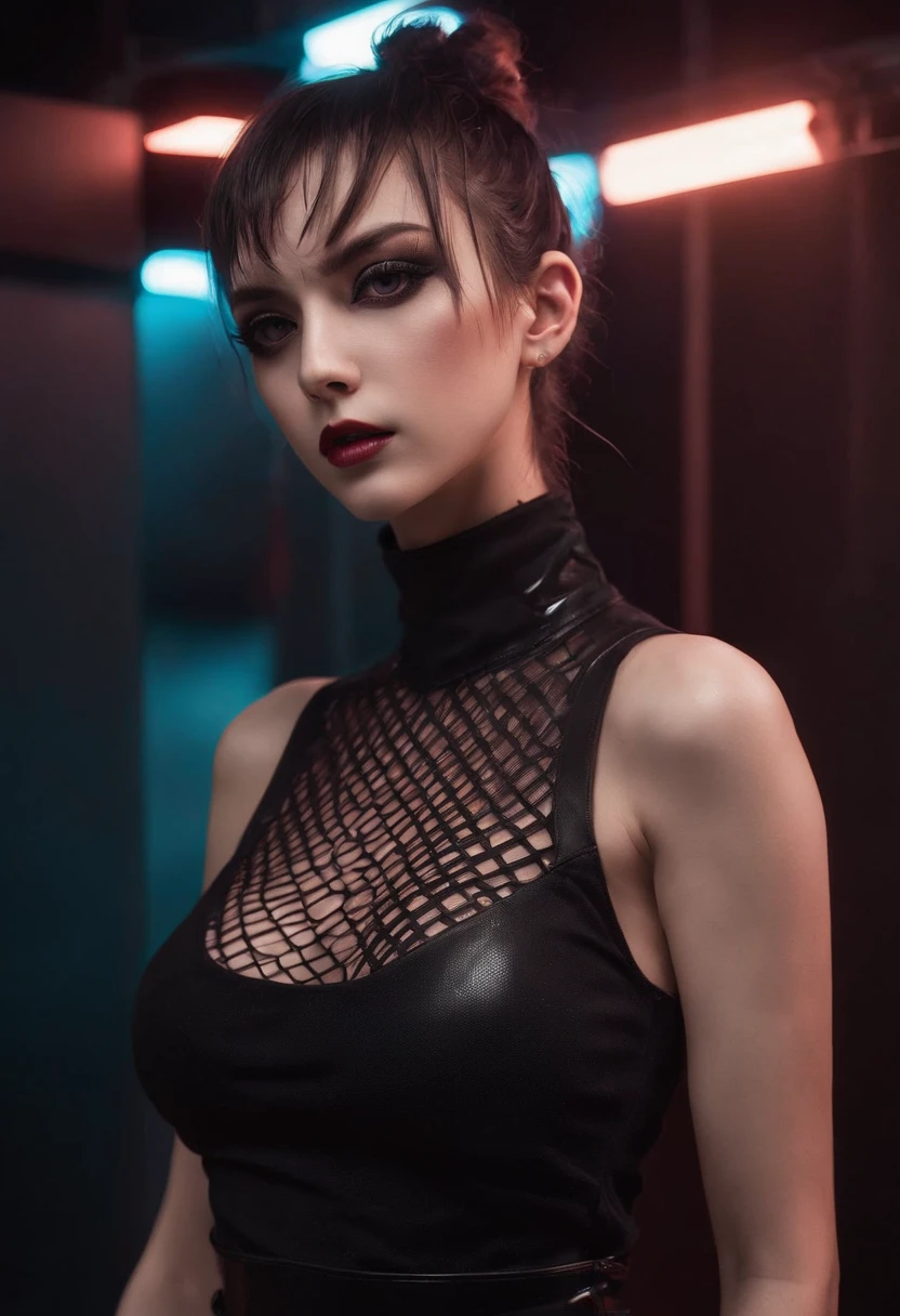 Punk woman wearing a black fishnet top posing for a photo in a club at night, night club lights, black make-up, techno aesthetic, techno fashion, neon lights, ultra detailed, masterpiece.