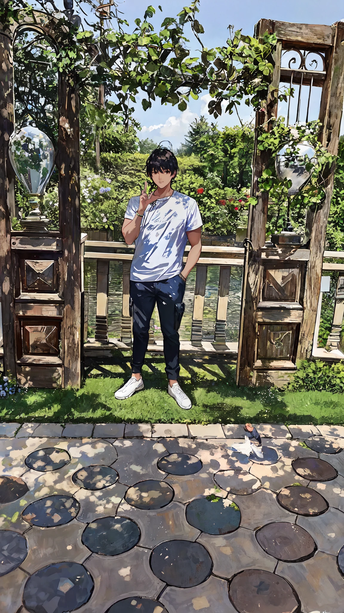 there is a man standing in front of a wooden gate, mohamed chahin style, in garden, scenary, with a cool pose, full body photogenic shot, at instagram, in a scenic background, casual pose, in the garden, in sunny weather, in a garden, chilling, shooting pose, on a sunny day, stylish pose