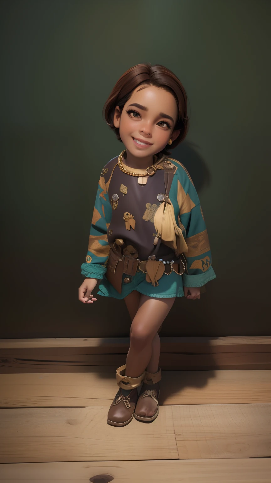 master part, best quality, 1st grade, olhos verdes, pele escura, brown hair, cabelos ondulados, short hair, Brincos, jewelries, pirata, Camisa comprida, fundo simples, sozinho, parte superior do corpo