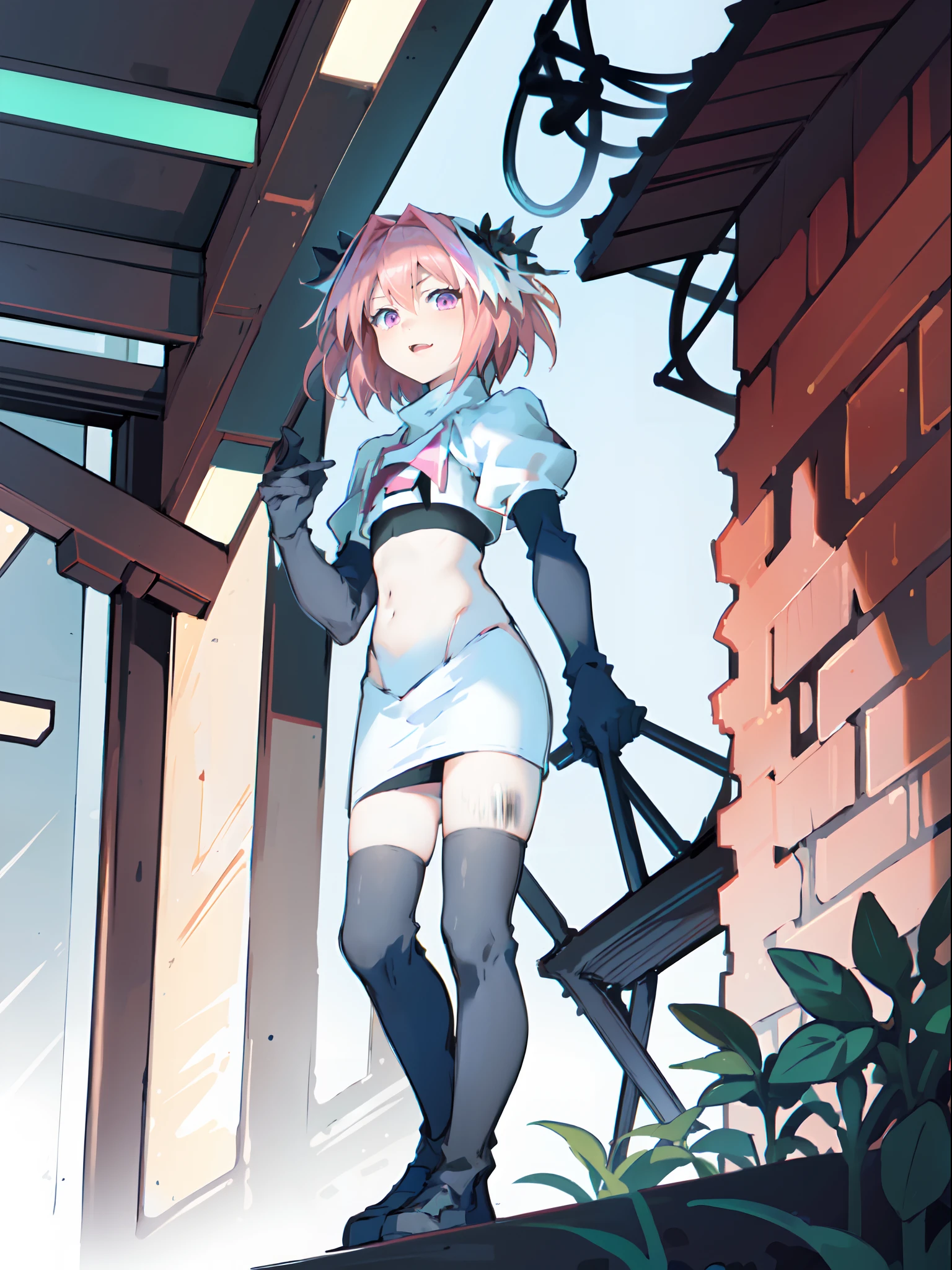 absurdres, masterpiece, best quality, (astolfo fate:1.2155), 1boy, male focus, trap, pink multicolored hair, pink hair, white hair, hair intakes, long hair, pink detailed eyes, crossdressing,1boy,team rocket,team rocket uniform,white skirt,crop top,black thigh-highs,black elbow gloves,