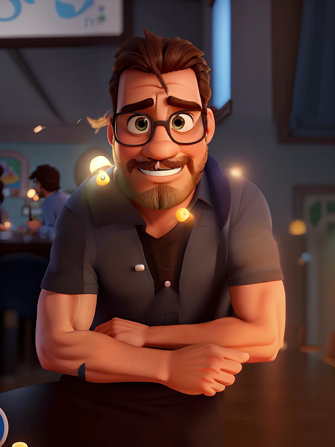 Poster no estilo Disney pixar, alta qualidade, melhor qualidade, homem sexy branco, 30 anos cabelo grisalho barba preta, musculoso, com fundo em um restaurante a luz de velas