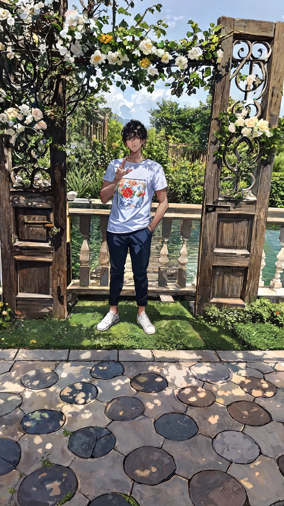 there is a man standing in front of a wooden gate, mohamed chahin style, in garden, scenary, with a cool pose, full body photogenic shot, at instagram, in a scenic background, casual pose, in the garden, in sunny weather, in a garden, chilling, shooting pose, on a sunny day, stylish pose