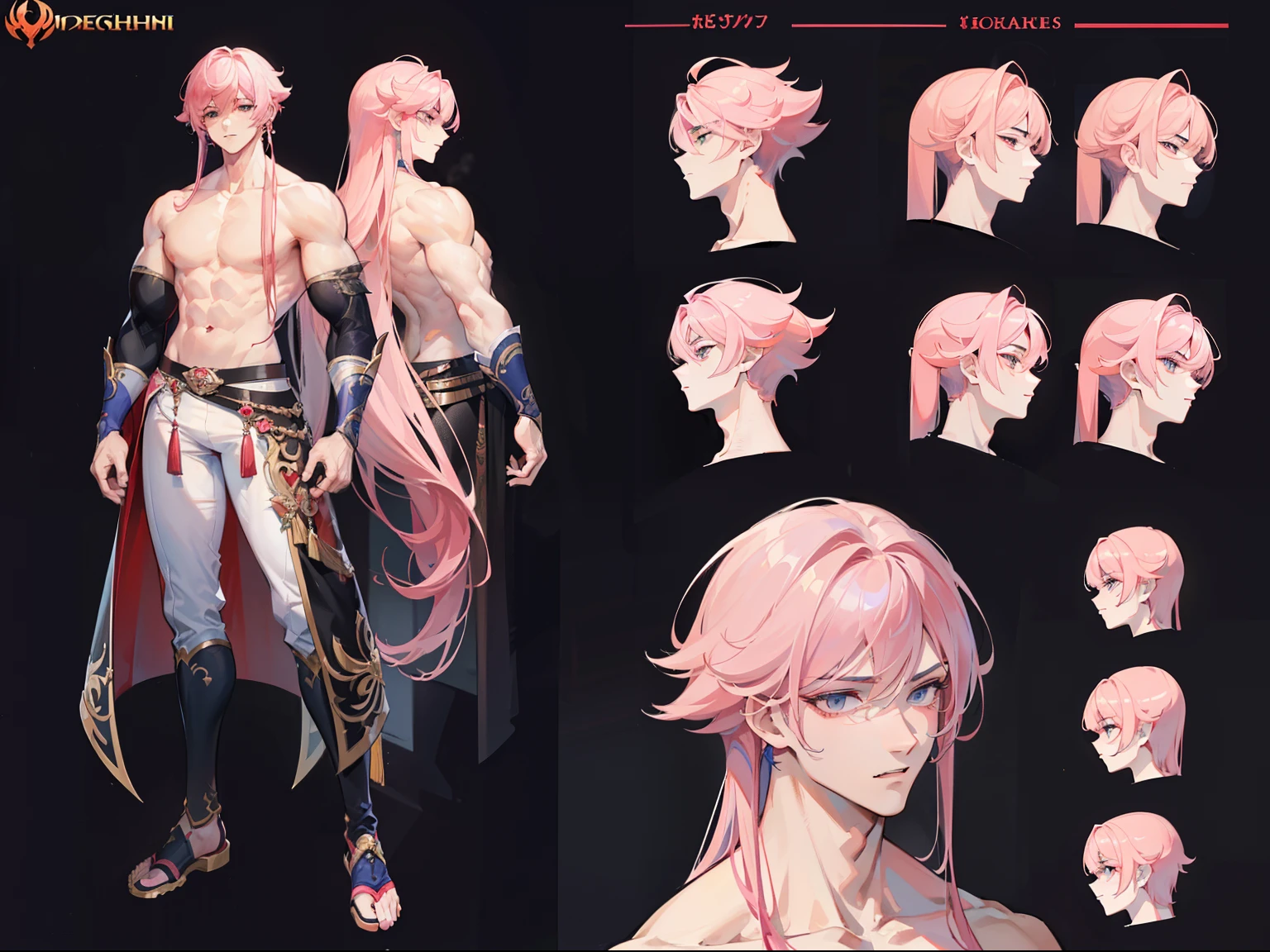 ((Masterpiece, Highest quality)), Male, boy, Detailed face, character design sheet， full bodyesbian, Full of details, frontal body view, back body view, Highly detailed, Depth, Many parts, Muscle boy with long pink hair with long bangs，handsome man, muscle body, vampire outfits clothes, Genshin Impact, man tall, pectoral muscles, abs