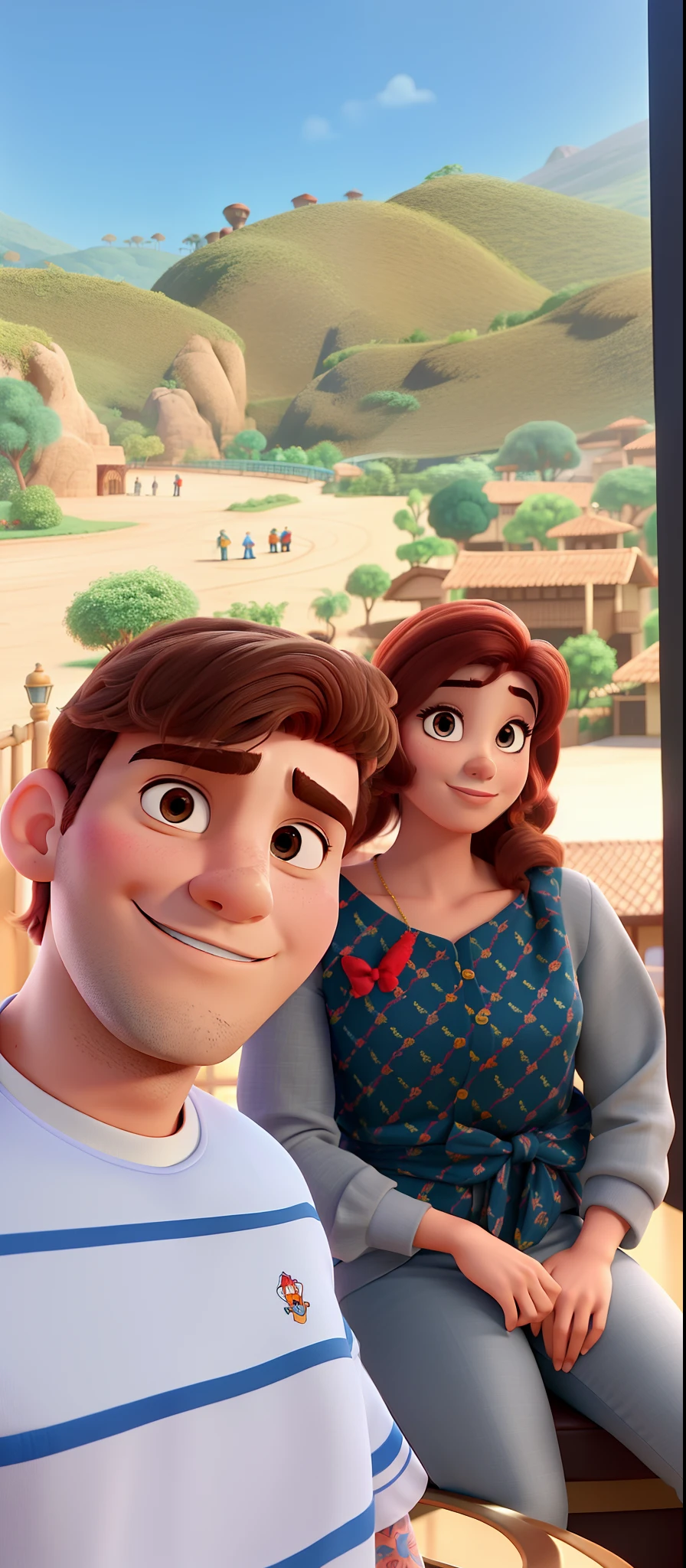 Casal (homem moreno e mulher branca) no estilo Disney Pixar, alta qualidade, melhor qualidade.