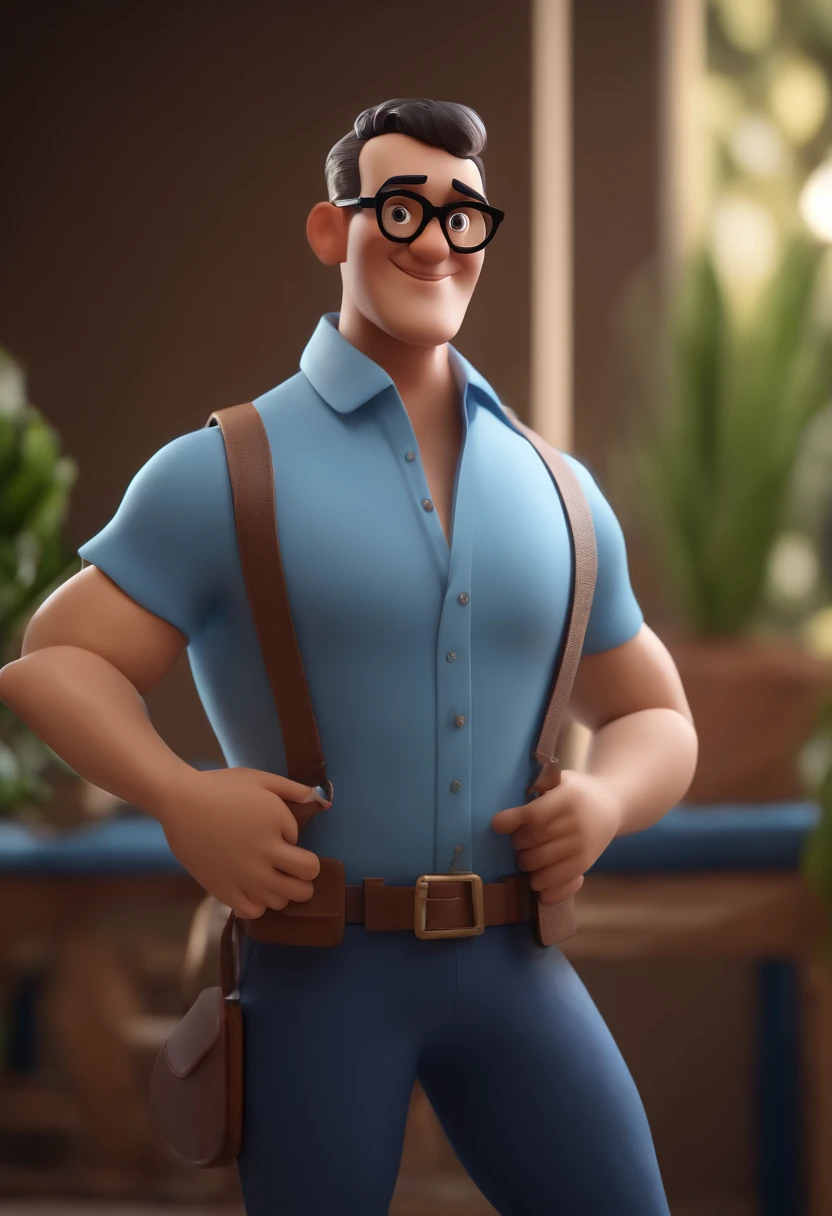 Cartoon character of a man wearing black glasses and a blue shirt, um personagem animado, Caractere estilizado, animation style rendering, 3D estilizado, Arnold Maya render, 3 d render stylized, toon render keyshot, Personagem 3D, Personagem 3D, 3d rendering stylized, 3 d character render, personagem de desenho animado, Personagem de close up, Pose de personagem, (Estilo Pixar) (master part:1.2) (Bokeh) (best quality) (pele detalhada) (textura detalhada) (8k) (argila) (Cinematic lighting) (foco nítido,Senta e vaza a parte superior do corpo