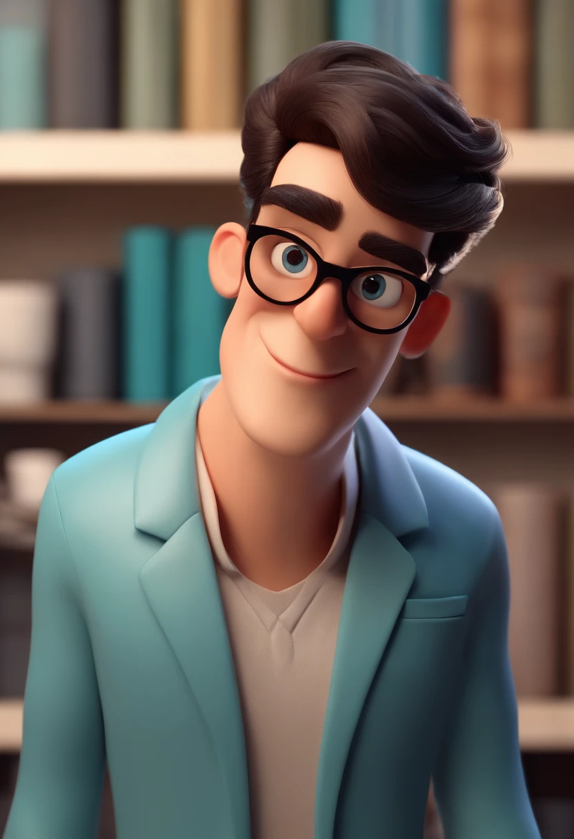Cartoon character of a man wearing black glasses and a blue shirt, um personagem animado, Caractere estilizado, animation style rendering, 3D estilizado, Arnold Maya render, 3 d render stylized, toon render keyshot, Personagem 3D, Personagem 3D, 3d rendering stylized, 3 d character render, personagem de desenho animado, Personagem de close up, Pose de personagem, (Estilo Pixar) (master part:1.2) (Bokeh) (best quality) (pele detalhada) (textura detalhada) (8k) (argila) (Cinematic lighting) (foco nítido，Senta e vaza a parte superior do corpo
