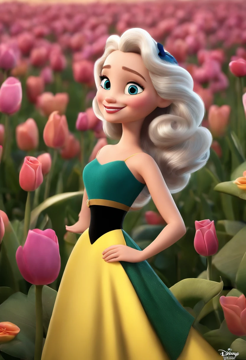 a Disney Pixar movie poster showing a white-skinned woman , cabelos longos lisos pretos sorriso branco. Usando um vestido amarelo com listras rosa ,verde e azul em tons pasteis , com um laco na cabeca amarelo ela deve estar sorrindo co. Luvas rosas . The background is a beach garden. 3D-rendering