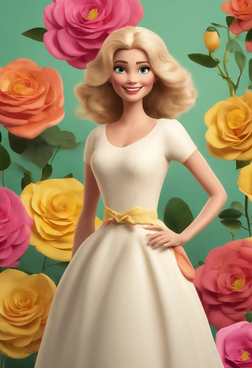 a Disney Pixar movie poster showing a white-skinned woman , cabelos longos lisos pretos sorriso branco. Usando um vestido amarelo com listras rosa ,verde e azul em tons pasteis , com um laco na cabeca amarelo ela deve estar sorrindo co. Luvas rosas . The background is a beach garden. 3D-rendering