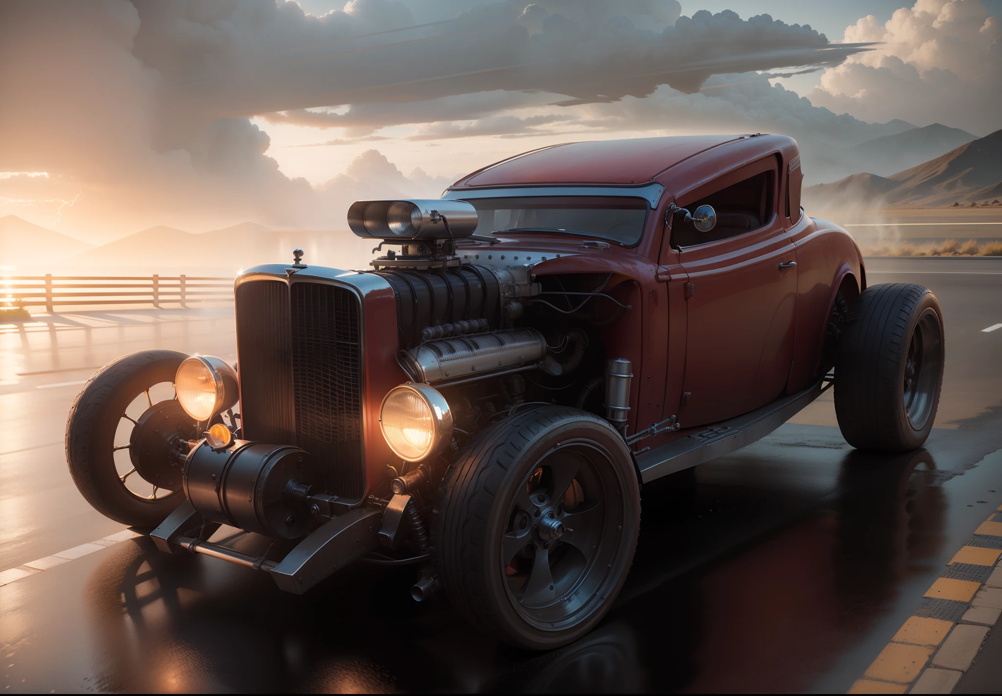 Necessidade de velocidade, Red Hot ROD Roadster Ford 1932, correndo pela rua molhada, quase, spreading water on the street, hyper realistic, motion blur, blurry background, altamente detalhado, divine proportion, (((Enquadrado))), perfect composition, perfect lighting, octan render, 8k, Artistic photography, trending on ArtStation, foco nítido, Studio photo, detalhes intrincados, altamente detalhado, Directed by: Greg Rutkowski