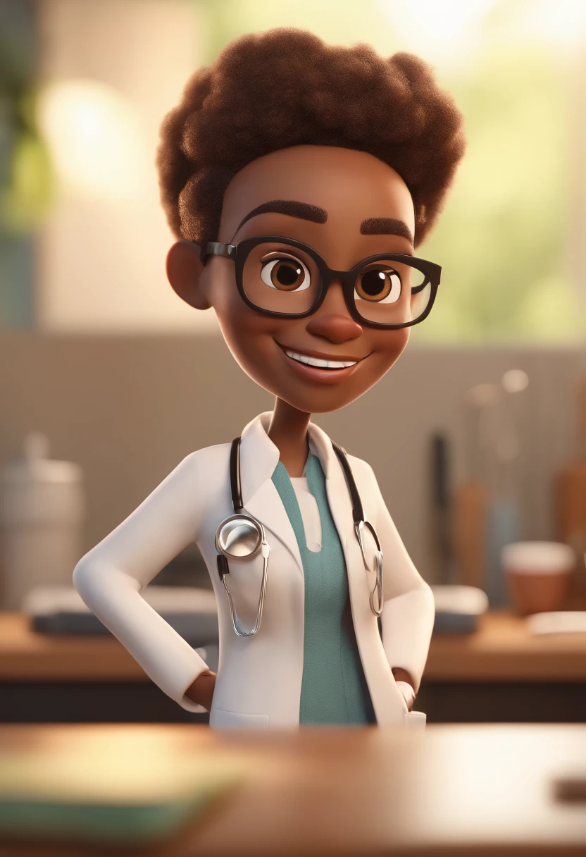 Black dentist in dental office, sorrindo, olhos castanhos, cabelo castanho, jaleco branco, Caractere estilizado, animation style rendering, 3D estilizado, 3 d render stylized, toon render keyshot, Personagem 3D, Personagem 3D, 3d rendering stylized, 3 d character render, personagem de desenho animado, Personagem de close up, Pose de personagem, (Estilo Pixar) (master part:1.2) (Bokeh) (melhor qualidade) (pele detalhada) (textura detalhada) (8k) (argila) (Cinematic lighting) (foco nítido