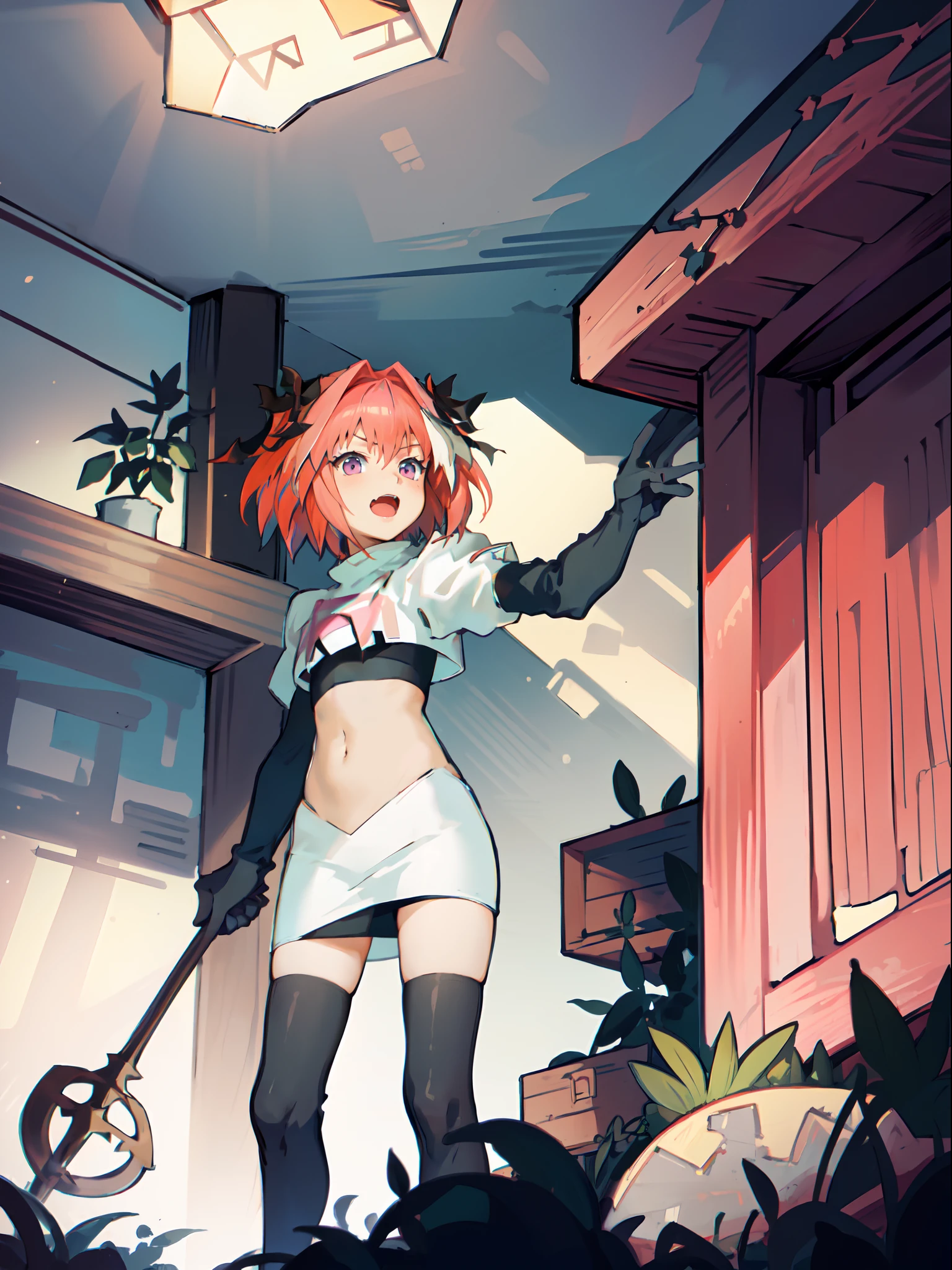 absurdres, masterpiece, best quality, (astolfo fate:1.2155), 1boy, male focus, trap, pink multicolored hair, pink hair, white hair, hair intakes, long hair, pink detailed eyes, crossdressing,1boy,team rocket,team rocket uniform,white skirt,crop top,black thigh-highs,black elbow gloves,
