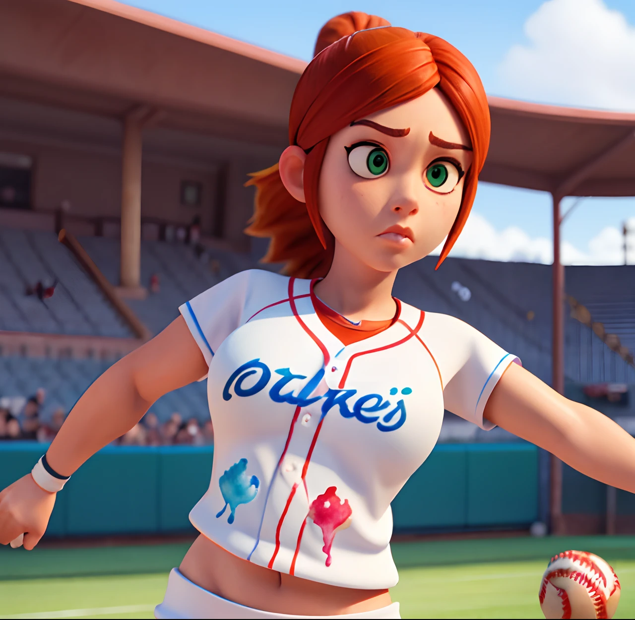 Masterpiece, (watercolor:1.3), (short stack:1.1), forward facing, eyes on camera, serious expression, (action shot:1.4) , (upper body strength:1.3), contrapposto (tattoo:1), softball pitcher, auburn hair, green eyes, (string bikini:1), pitching a softball at viewer, (focus on softball in foreground:1.4), sunny, natural lighting, High definition, excellent resolution, excellent quality, insane detail, semi realistic, postprocessed, crisp face, facial features, extremely detailed, facial features