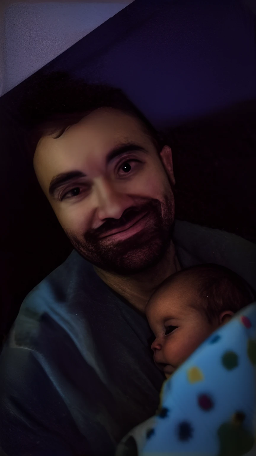 There's a  and a puppet sitting on a bed, Foto 3D, Foto 3D, foto aprimorada, Retrato Amplo, photohopped, postprocessed, postprocessed, foto de retrato, foto modo retrato, highlighted face, tiro no rosto, Potrait, Upload de alta qualidade, com rosto preciso, Banner, Tiro na Nikon D 3 2 0 0, editado no photoshop