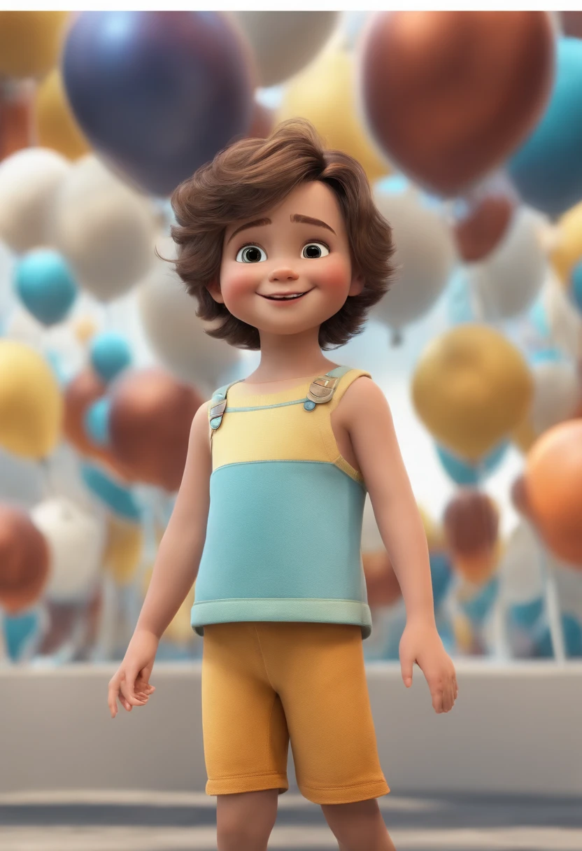 a happy cute kid standing short hair, vestindo uma fantasia espacial, , fundo branco, barnet, Tom, Estilo Pixar, ....3d, desenhos animados, rosto detalhado, asymmetrical 16k