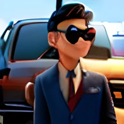 A man in a mall with black hair and a suit in front of a Chevrolet prism with sunglasses next to a Pug dog with the title Nei and Theo go to the mall