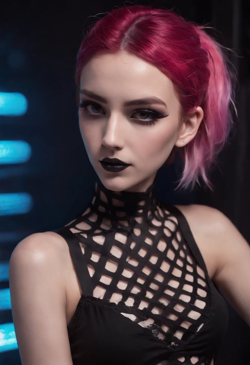 Punk woman wearing a black fishnet top posing for a photo in a club at night, night club lights, black make-up, techno aesthetic, techno fashion, neon lights, ultra detailed, masterpiece.