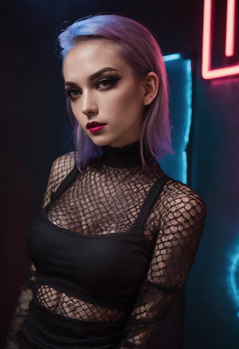 Punk woman wearing a black fishnet top posing for a photo in a club at night, night club lights, black make-up, techno aesthetic, techno fashion, neon lights, ultra detailed, masterpiece.