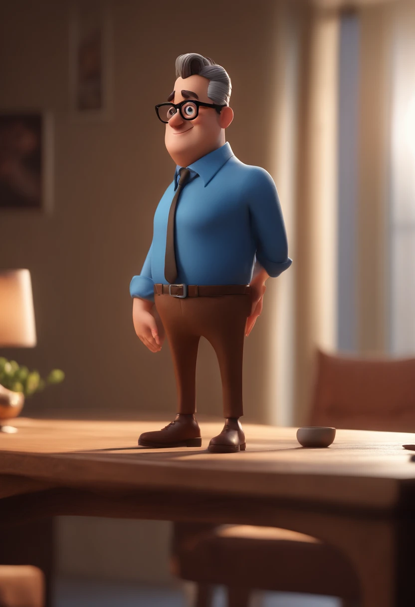 Cartoon character of a man with black glasses and a blue shirt, animation character, Caractere estilizado, animation style rendering, 3D estilizado, Arnold Maya render, 3 d render stylized, toon render keyshot, Personagem 3D, Personagem 3D, 3d rendering stylized, 3 d character render, personagem de desenho animado, Personagem de close up, Pose de personagem,  (Estilo Pixar) (master part:1.2) (Bokeh) (best quality) (pele detalhada) (textura detalhada) (8k) (argila) (Cinematic lighting) (foco nítido