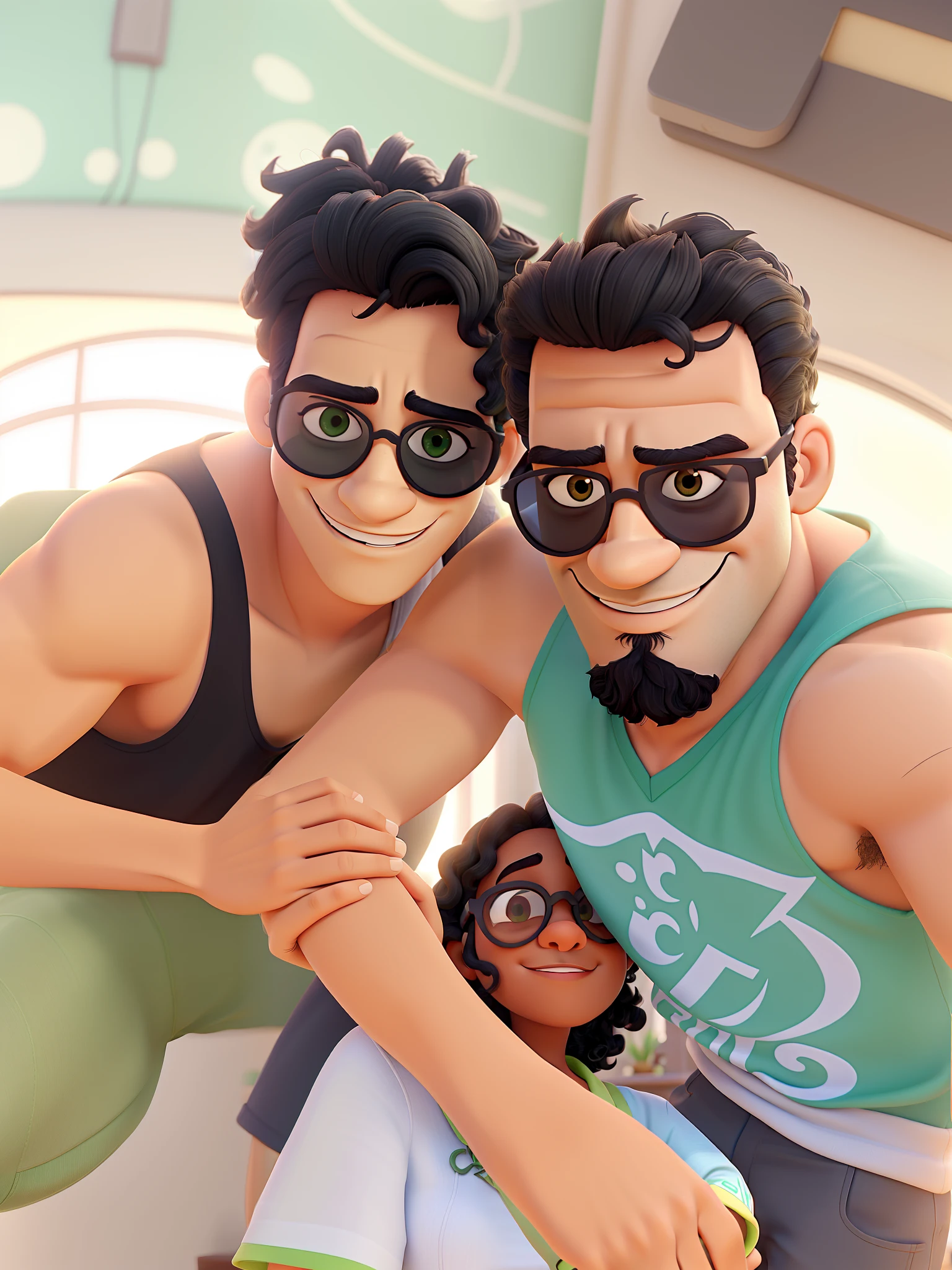 casal estilo disney pixar, alta qualidade, Best quality black woman short with black hair and curly sunglasses, Homem branco com camisa regata verde e cabelo preto, Dark beard and mustache and sunglasses man taking a self just from the two of them.