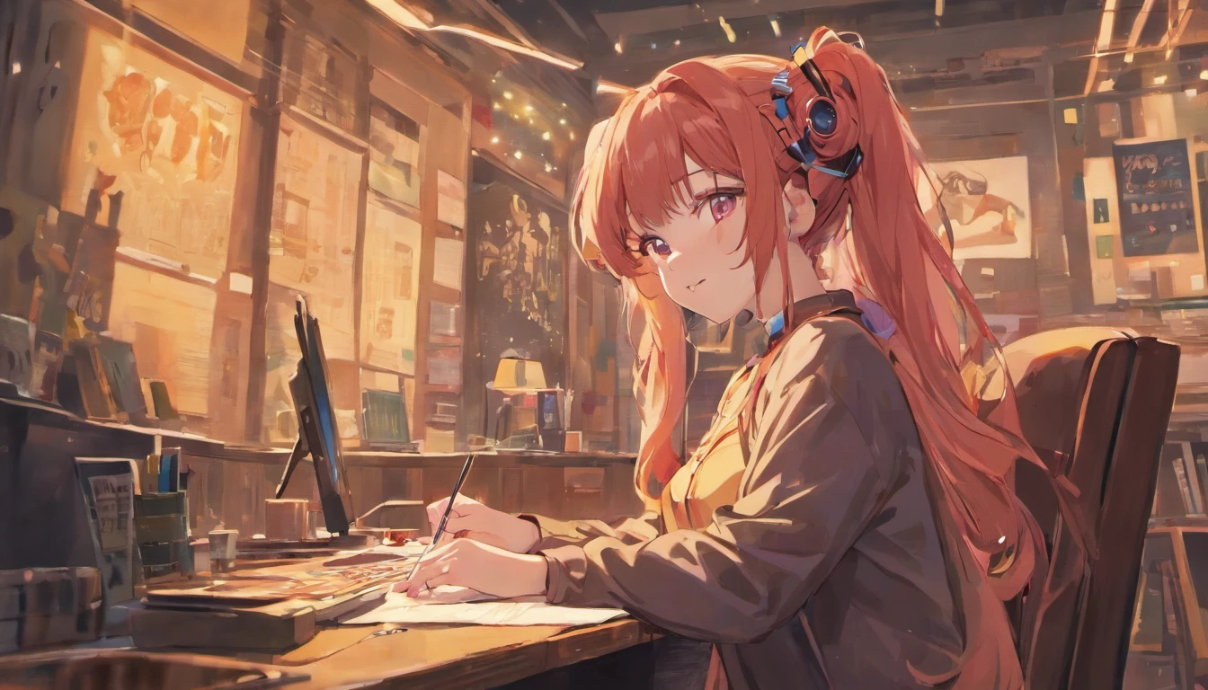 A woman sits at a desk with headphones on，(Masterpiece), (Best quality), (Ultra detailed),(illustration), (1girll), 裸露的女生, Smiling, Beautiful detailed eyes, Pink eyes, Detailed beautiful face, focus onface, pony tails, detailed hairs, bangs, BEST lighting, Best shadow, Highly detailed, vibrant