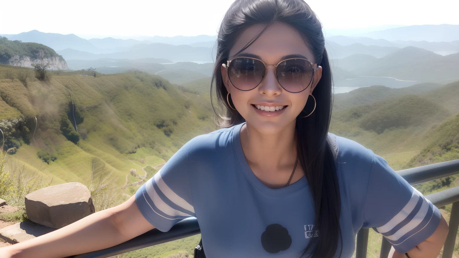 Smiling woman in sunglasses standing on a railing overlooking a valley, Directed by: Nandor Soldier, com montanhas ao fundo, com montanhas no fundo, fernanda suarez, Malika Favre, In Sao Paulo, com montanhas como pano de fundo, imagem de perfil, imagem do avatar, 3 5 year brazilian mother, em frente a um fundo de floresta, nas montanhas