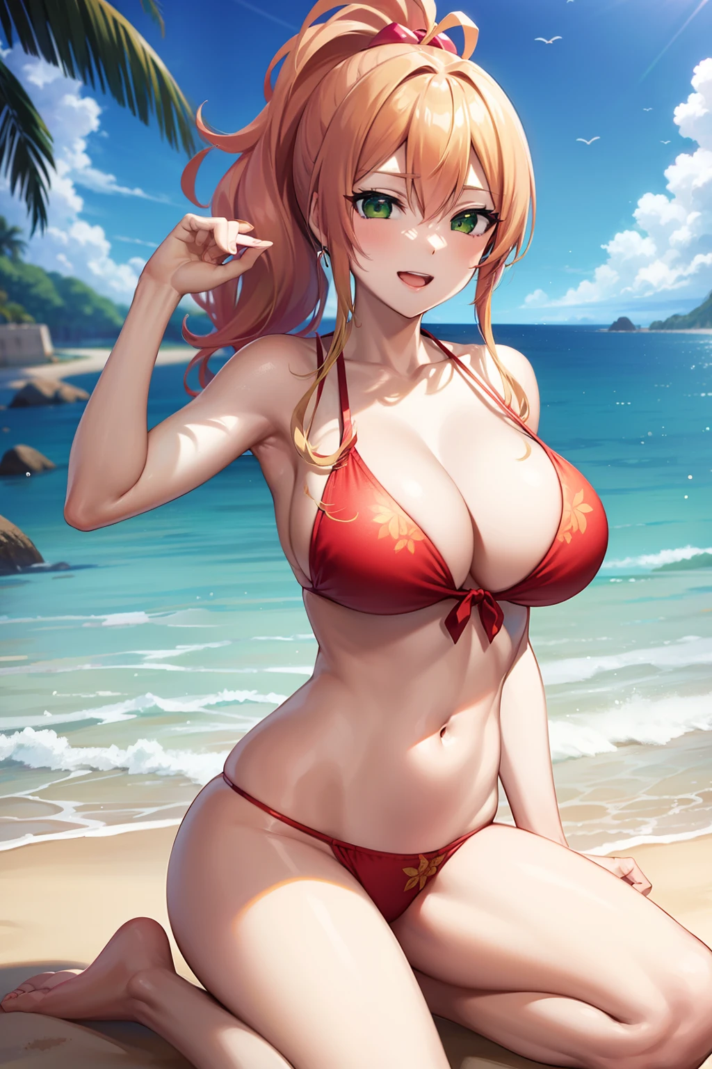 Yukana Yame, Yukana Yame, Long hair, Bangs, Blonde hair, hair between eye, (Green eyes:1.5), Ponytail, multicolored hair, makeup,b,Naughty big、large full breasts、BREAK looking at viewer, Full body,BREAK (masutepiece:1.2), Best Quality, High resolution, Unity 8k壁纸, (Illustration:0.8), (Beautiful detailed eyes:1.6), extra detailed face, Perfect Lighting, extremely details CG, (Perfect hands, Perfect Anatomy),Smile with open mouth、(the beach:1.3),  (Red Bikini:1.3)、