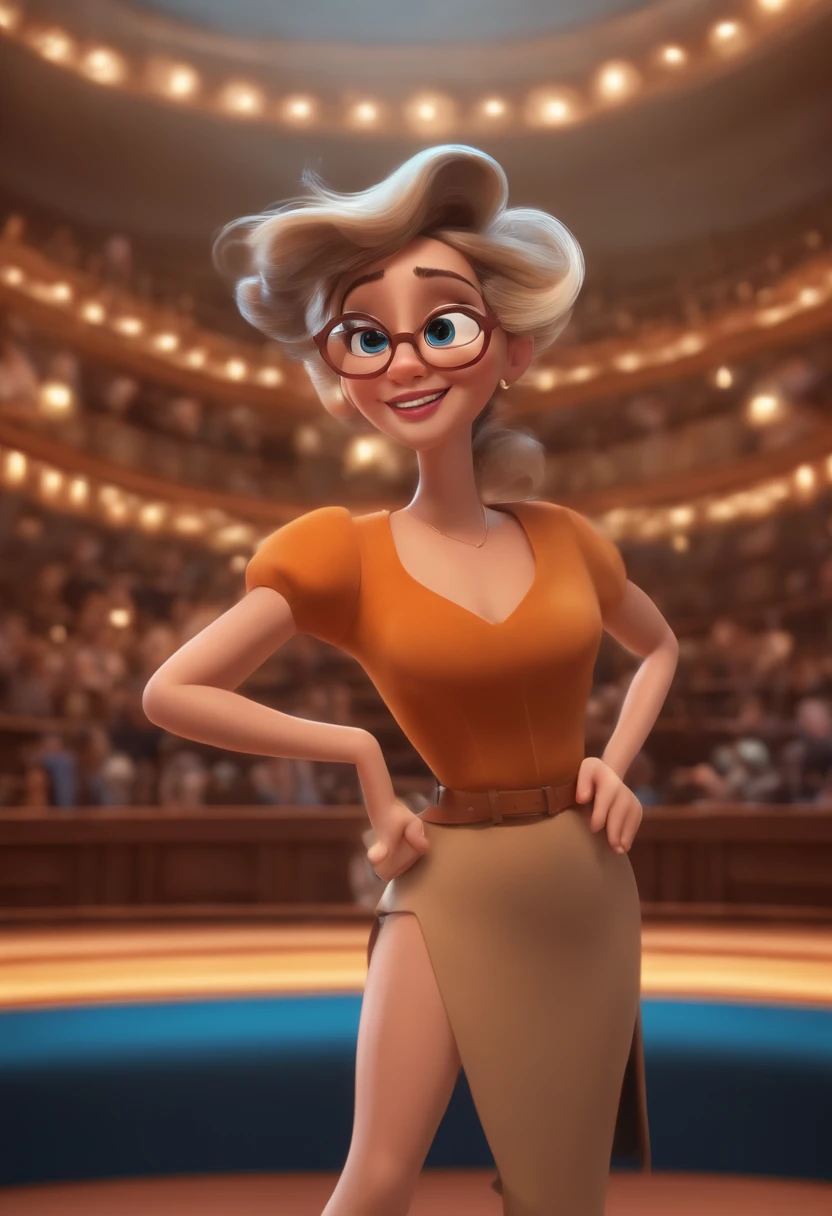 "(best quality,ultra-detalhado,Realistic:1.37),3D rendering,illustration,design de personagens,cabelos longos e lisos escuros,belos olhos detalhados,Wearing brown glasses,Estilo Pixar,morena mulher,Dancing on the Disney stage,atmosfera animada,vivid colors,luzes de palco,expression joyful"
