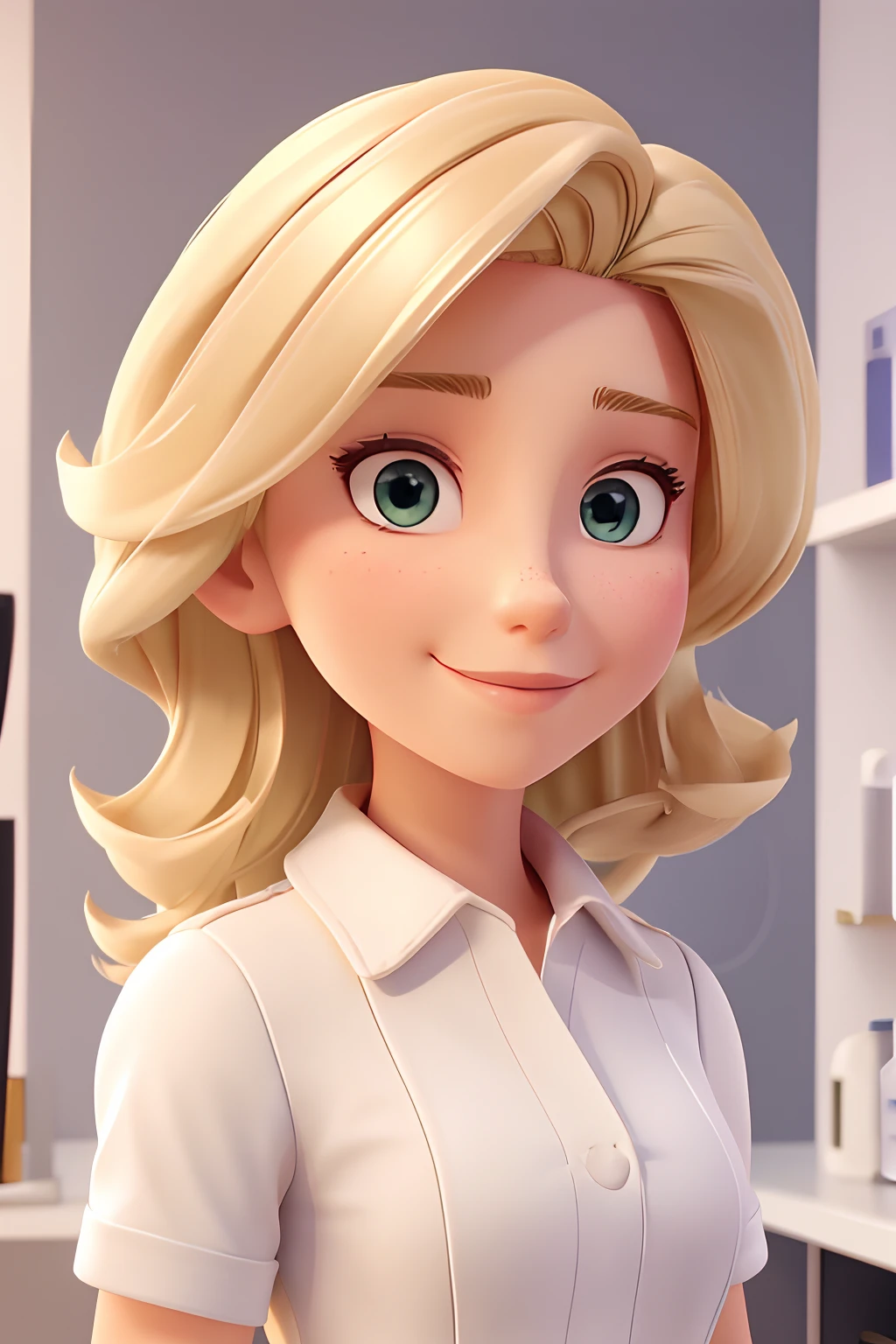 Portrait of blond dermatologist doctor with white room in background, cabelo loiro, medium, com roupa vermelha e jaleco