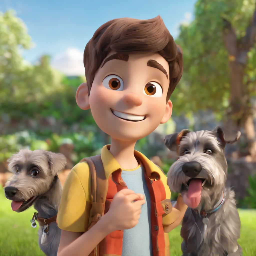 Lucas is a smiling 15-year-old human boy, com seu fiel amigo, Bolt, o cachorro schnauzer, deitados no jardim