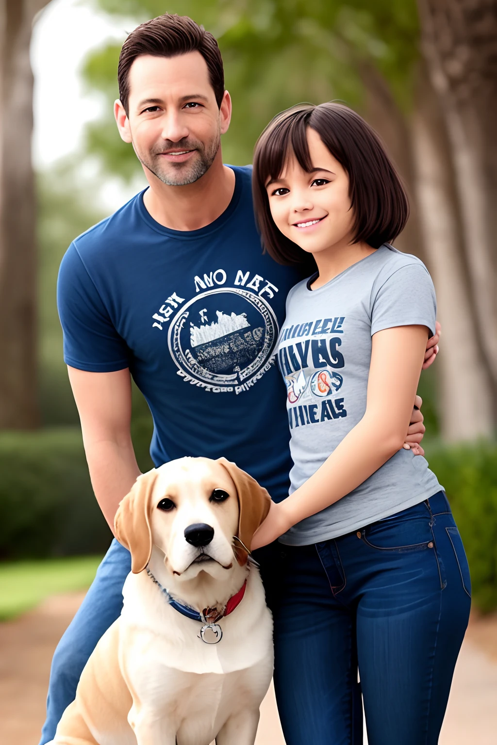 Pixar. Casal com um filhote de cachorro beagle marrom. A menina tem os cabelos loiros amarrados, Camiseta cinza e jeans claro . O menino de cabelos pretos com cabelos grisalhos, barba pequena, oculos, Dark blue jeans and gray t-shirt. They are both smiling and are 40 years old