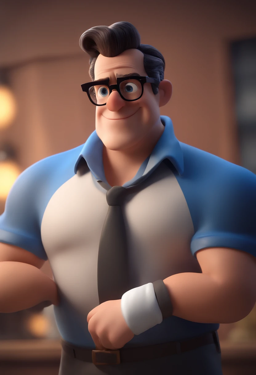 Cartoon character of a man with black glasses and a blue shirt, animation character, Caractere estilizado, animation style rendering, 3D estilizado, Arnold Maya render, 3 d render stylized, toon render keyshot, Personagem 3D, Personagem 3D, 3d rendering stylized, 3 d character render, personagem de desenho animado, Personagem de close up, Pose de personagem,  (Estilo Pixar) (master part:1.2) (Bokeh) (best quality) (pele detalhada) (textura detalhada) (8k) (argila) (Cinematic lighting) (foco nítido