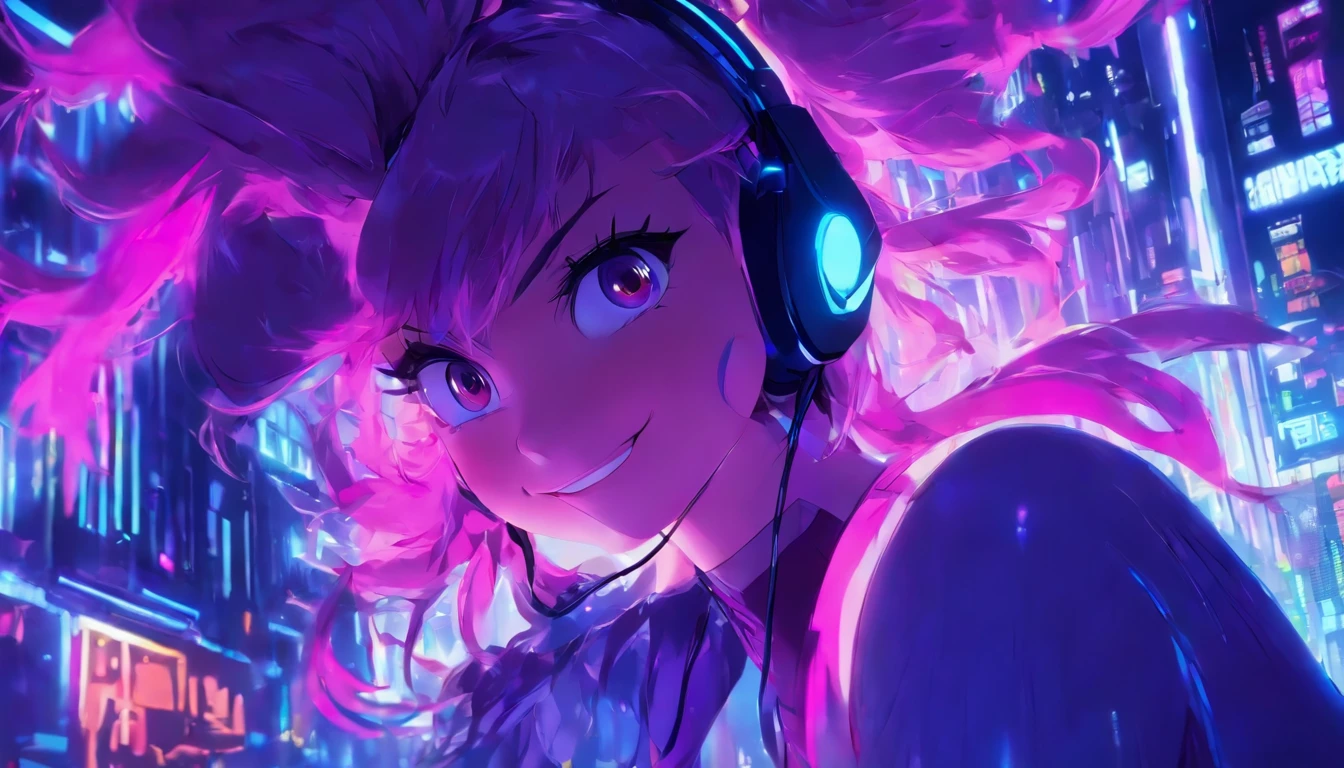 A woman sits at a desk with headphones on,(Masterpiece), (Best quality), (Ultra detailed),(illustration), (1girll), 裸露的女生, Smiling, Beautiful detailed eyes, Pink eyes, Detailed beautiful face, focus onface, pony tails, detailed hairs, bangs, BEST lighting, Best shadow, Highly detailed, vibrant