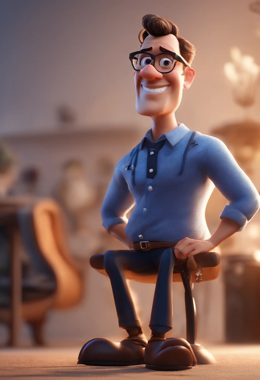 Cartoon character of a man with black glasses and a blue shirt, animation character, Caractere estilizado, animation style rendering, 3D estilizado, Arnold Maya render, 3 d render stylized, toon render keyshot, Personagem 3D, Personagem 3D, 3d rendering stylized, 3 d character render, personagem de desenho animado, Personagem de close up, Pose de personagem,  (Estilo Pixar) (master part:1.2) (Bokeh) (best quality) (pele detalhada) (textura detalhada) (8k) (argila) (Cinematic lighting) (foco nítido