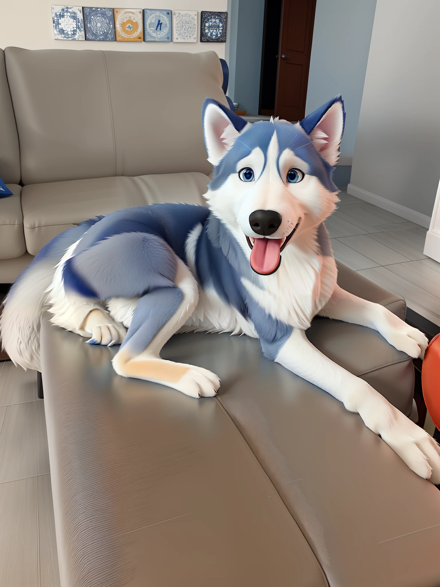 A blue-eyed Siberian husky dog with gray fur with white lying on the sofa