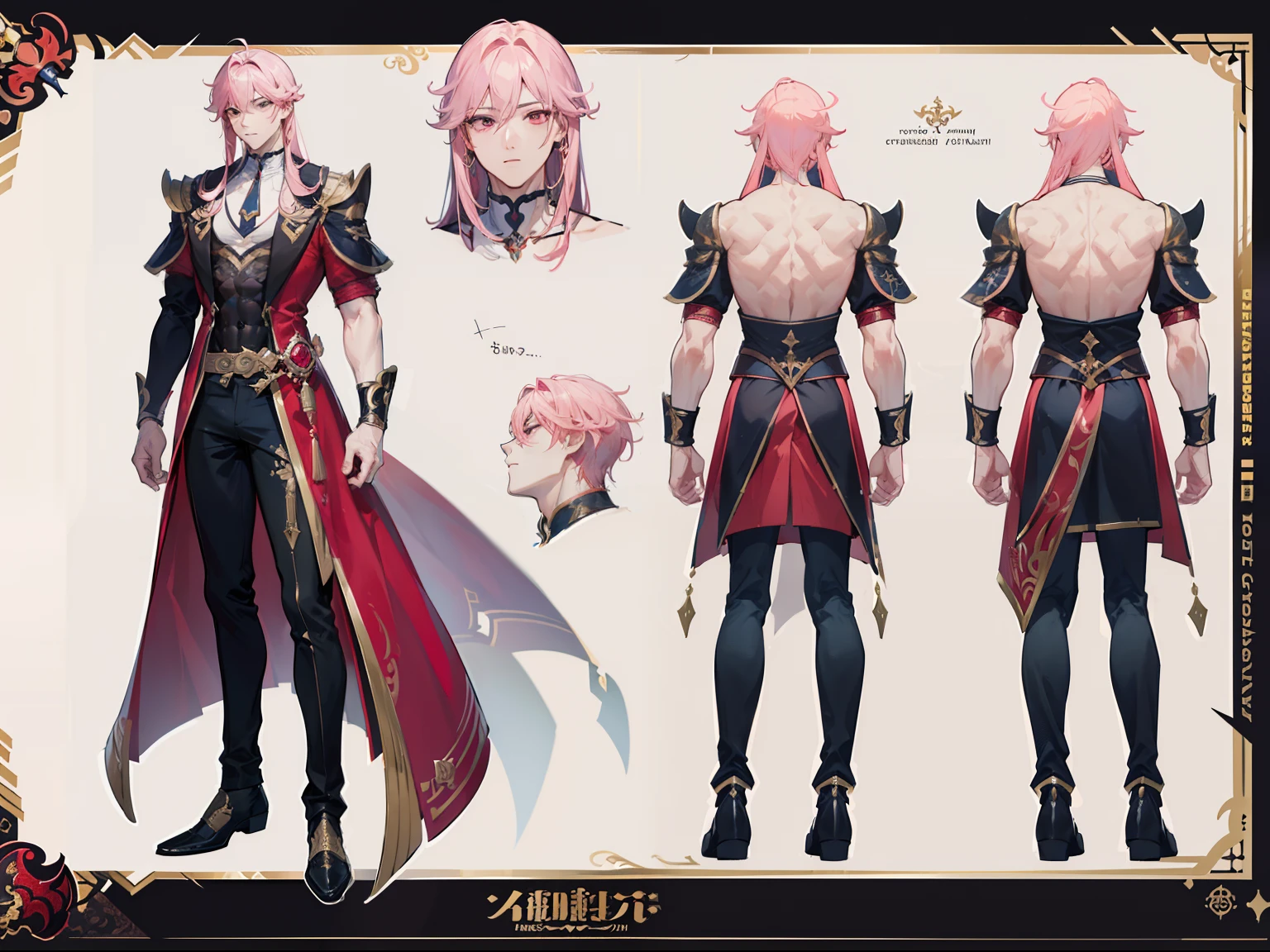 ((Masterpiece, Highest quality)), Male, boy, Detailed face, character design sheet, full bodyesbian, Full of details, frontal body view, back body view, Highly detailed, Depth, Many parts, Muscle boy with long pink hair with long bangs,handsome man, muscle body, vampire outfits clothes, Genshin Impact, man tall, pectoral muscles, abs