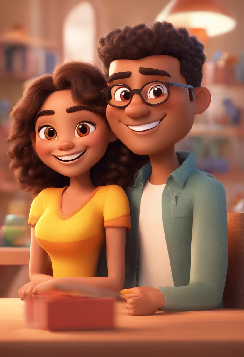 An illustration of an adorable couple, Highlight for a chubby mulatto man with glasses smiling and a brunette woman with beautiful expressive eyes - the man's skin is mulatto and the man's hair haswhile the woman's skin is black and the woman's hair is straight and brown. They are a bright room, cada um com um sorriso no rosto, e compartilhar um momento especial caracterizado pelo amor, Insights. Illustrate this scene from a perspective where they are facing the camera, Smiling and Showing Your Connection. Desenvolva esta arte em Full HD, Focus on your cinematic touch, Estilo Disney Pixar Animations