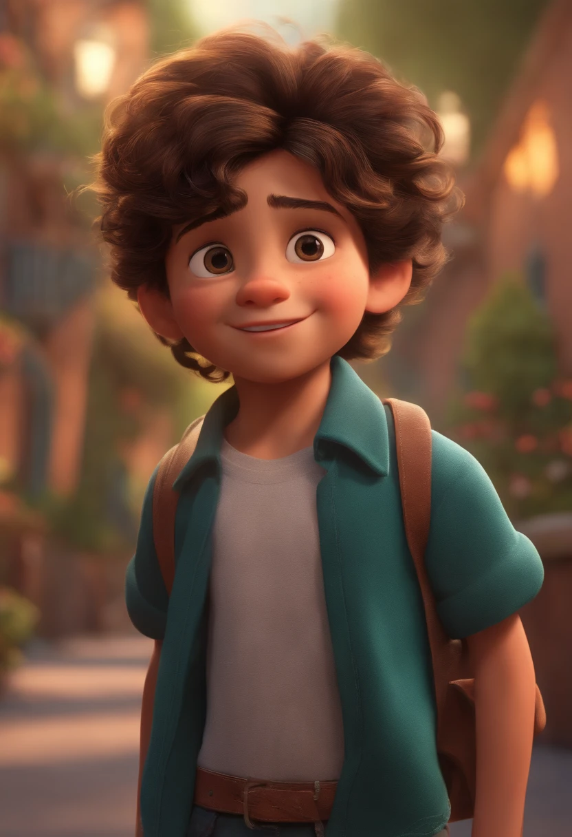 Image of a boy for a story in a YouTube video in Pixar format, He's the little allabester, He's the class leader, He's outgoing, Playful and gets up for a lot of things, cabelo curto