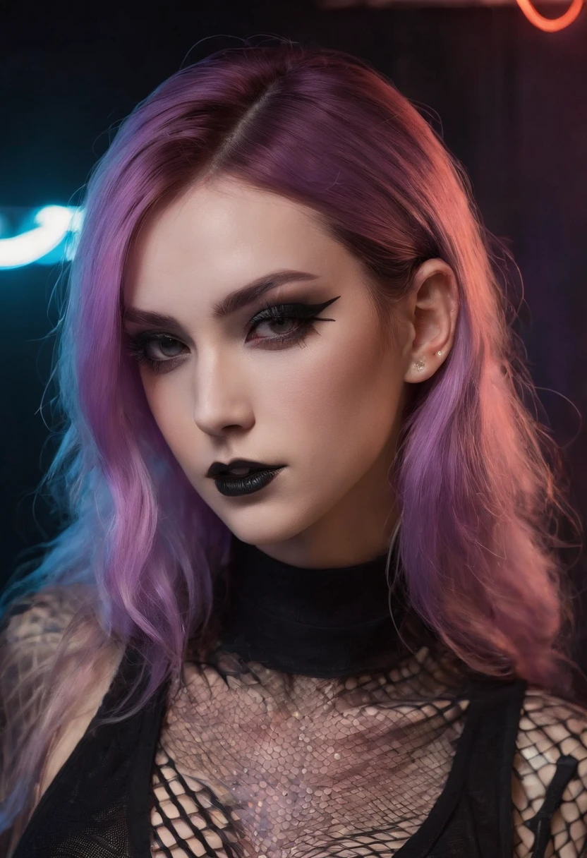Punk woman wearing a black fishnet top posing for a photo in a club at night, night club lights, black make-up, techno aesthetic, techno fashion, neon lights, ultra detailed, masterpiece.