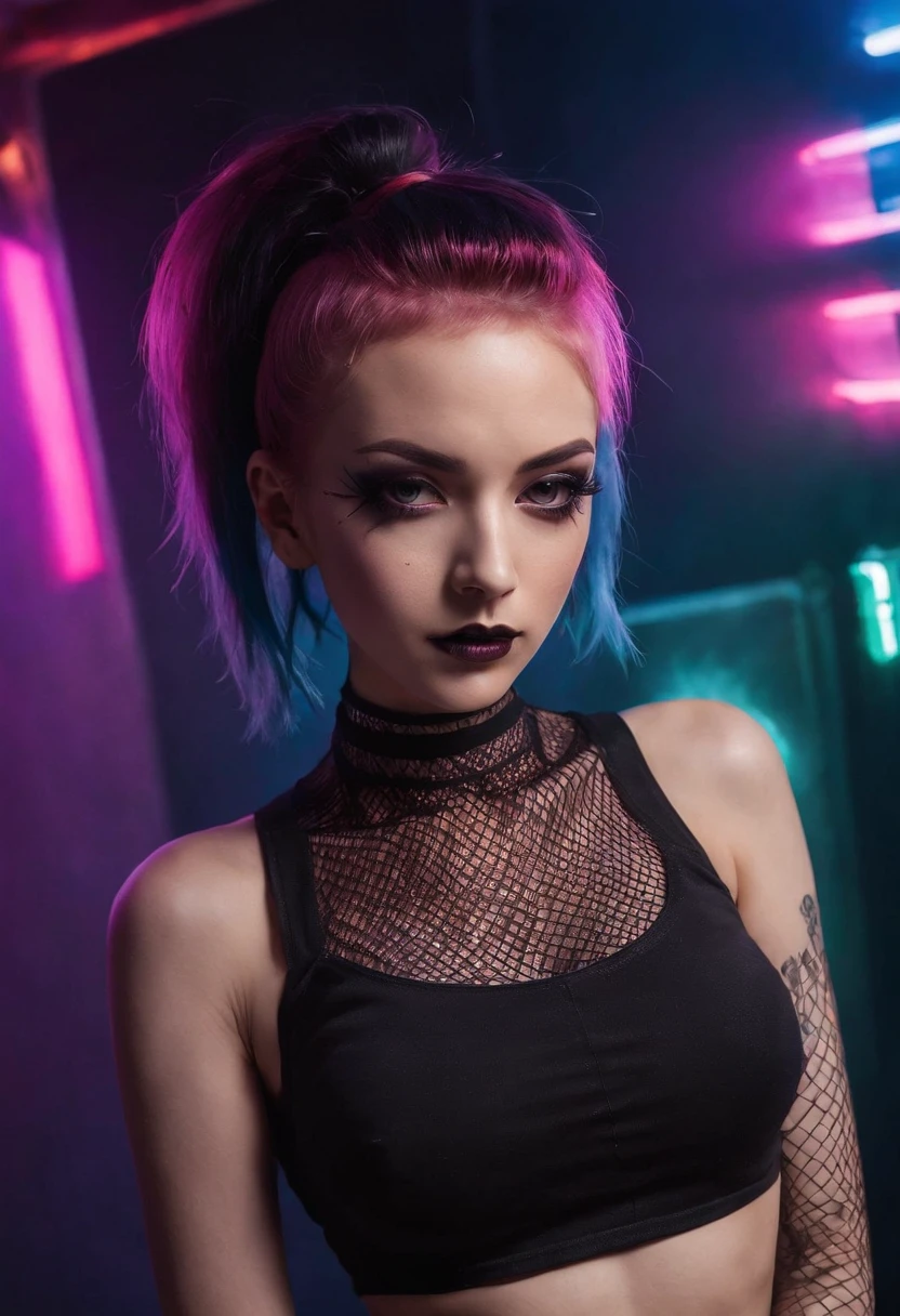 Punk woman wearing a black fishnet top posing for a photo in a club at night, night club lights, black make-up, techno aesthetic, techno fashion, neon lights, ultra detailed, masterpiece.