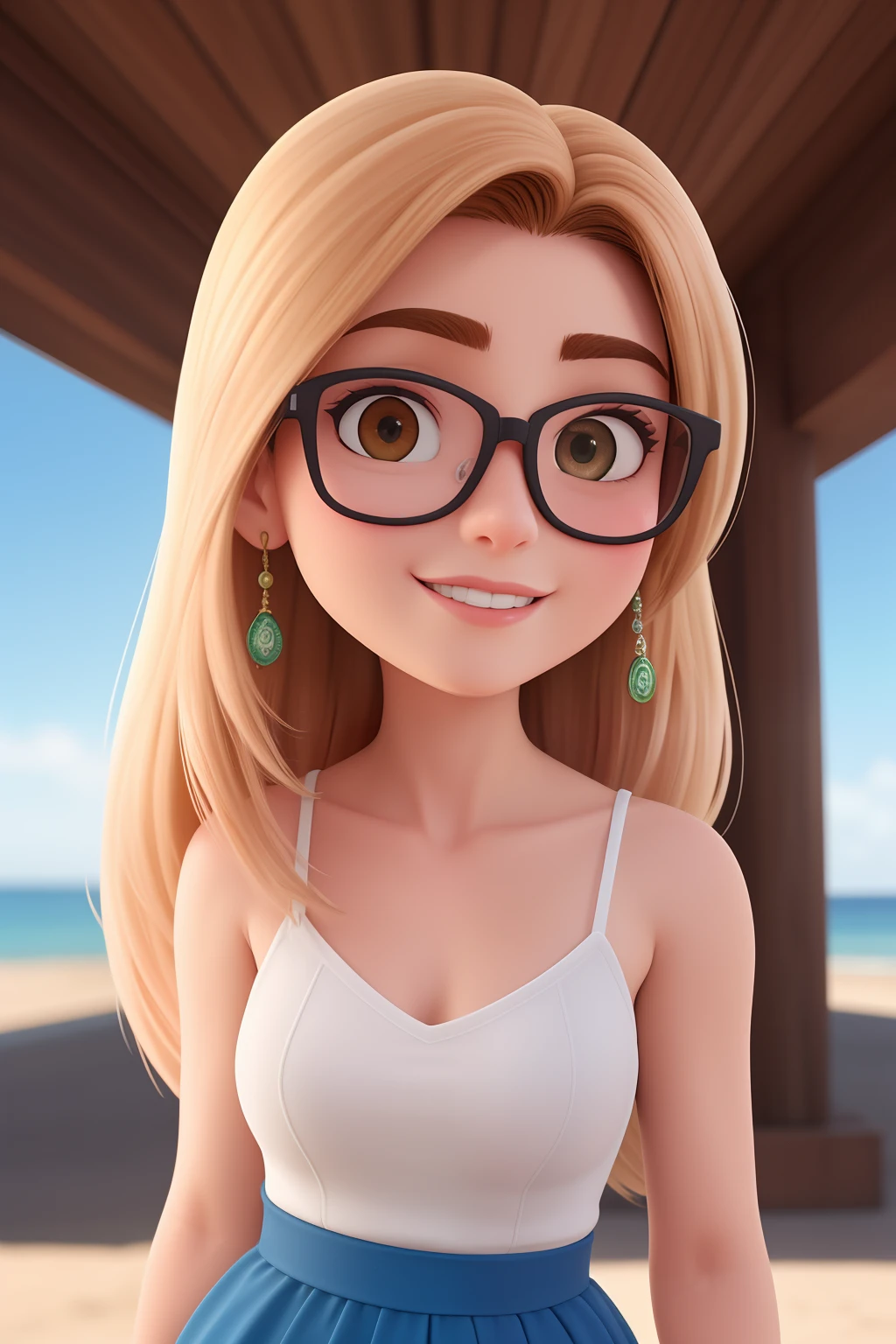 Uma mulher de 18 anos, com longos cabelos castanhos, Rosto redondo, sorriso encantador, e olhos castanhos, wearing glasses.