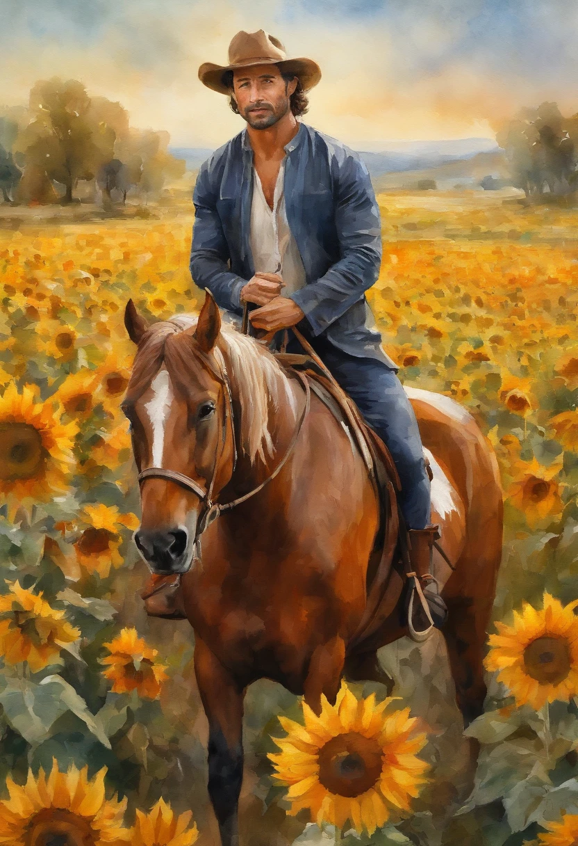 2 young handsome beautiful white skin skinny soft skin cowboy with a sunflower in his hand in sunflower field shirtless with a horse