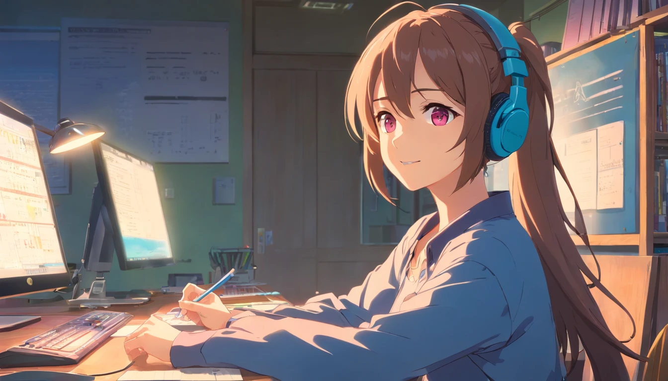 A woman sits at a desk with headphones on,(Masterpiece), (Best quality), (Ultra detailed),(illustration), (1girll), 裸露的女生, Smiling, Beautiful detailed eyes, Pink eyes, Detailed beautiful face, focus onface, pony tails, detailed hairs, bangs, BEST lighting, Best shadow, Highly detailed, vibrant