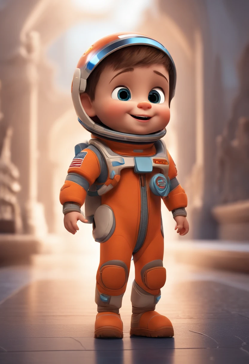 A happy cute little boy standing with short hair, Usar un disfraz espacial, , fondo blanco, infant, Tom, estilo pixar, ....3D, Dibujos animados, cara detallada, 16K asymmetrical