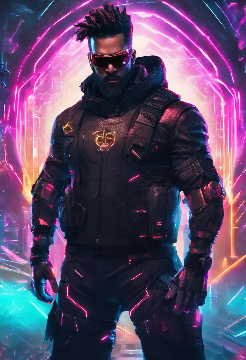 Sci-Fi Realistic Curvy Man in Armor, cabelo pretos, de jaqueta preta. and black glasses. Com idade de 30 anos, com barba preta, meio gordinho