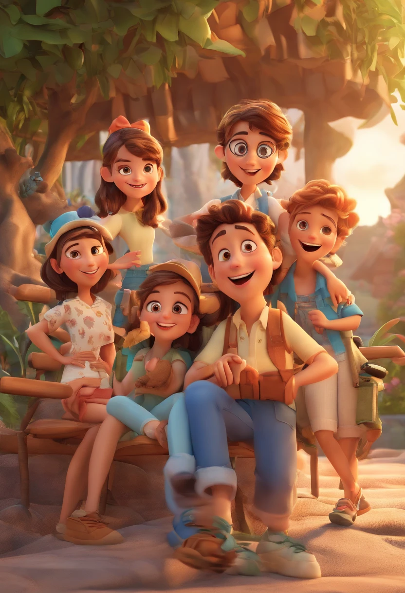 Cartoon of friends having fun on vacation together, 3D Animation Movie Poster, Poster de filme animado, pixar 3 d animation style, pixar renderman rendering, maia 8 mil, animated film, Disney Pixar Estilo 3D, amigos felizes saem juntos, all wearing light blue shirts and cream brown long pants, camisa azul clara, cream brown pants, ao ar livre, vacation, Disney Pixar Animation Poster