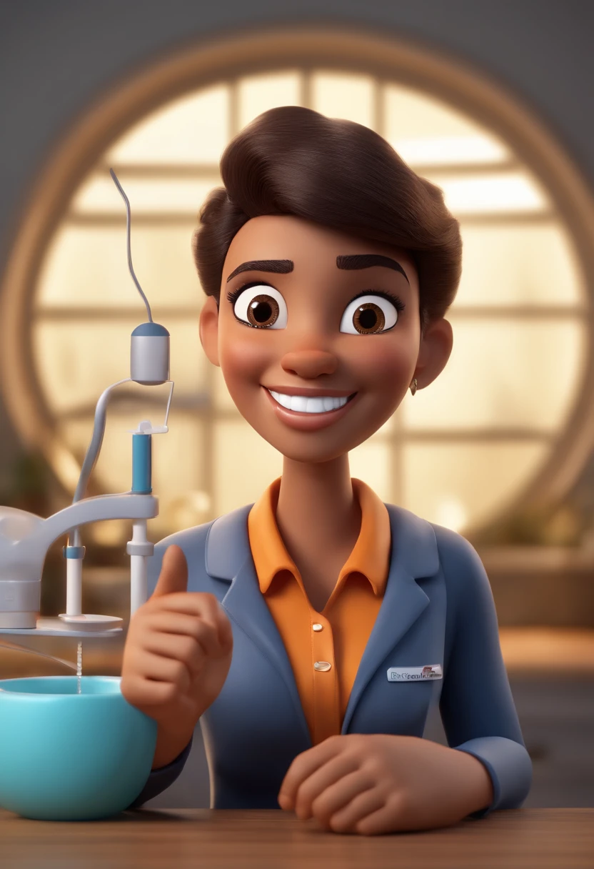 Black dentist in dental office, dente, sorrindo, olhos castanhos, cabelo liso castranho e longo, com jaleco branco, Caractere estilizado, animation style rendering, 3D estilizado, 3 d render stylized, toon render keyshot, Personagem 3D, Personagem 3D, 3d rendering stylized, 3 d character render, personagem de desenho animado, Personagem de close up, Pose de personagem, (Estilo Pixar) (master part:1.2) (Bokeh) (melhor qualidade) (pele detalhada) (textura detalhada) (8k) (argila) (Cinematic lighting) (foco nítido